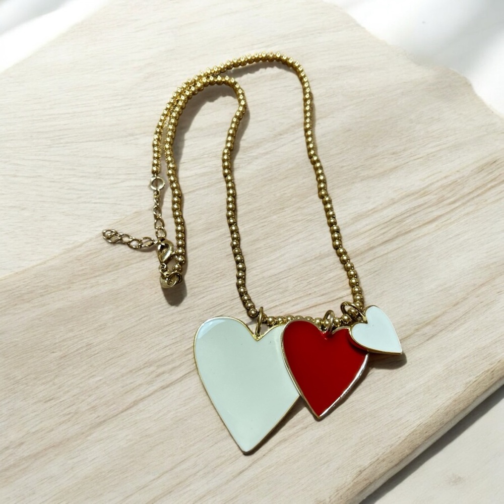 BZL red and white heart necklace with gold tone chain
